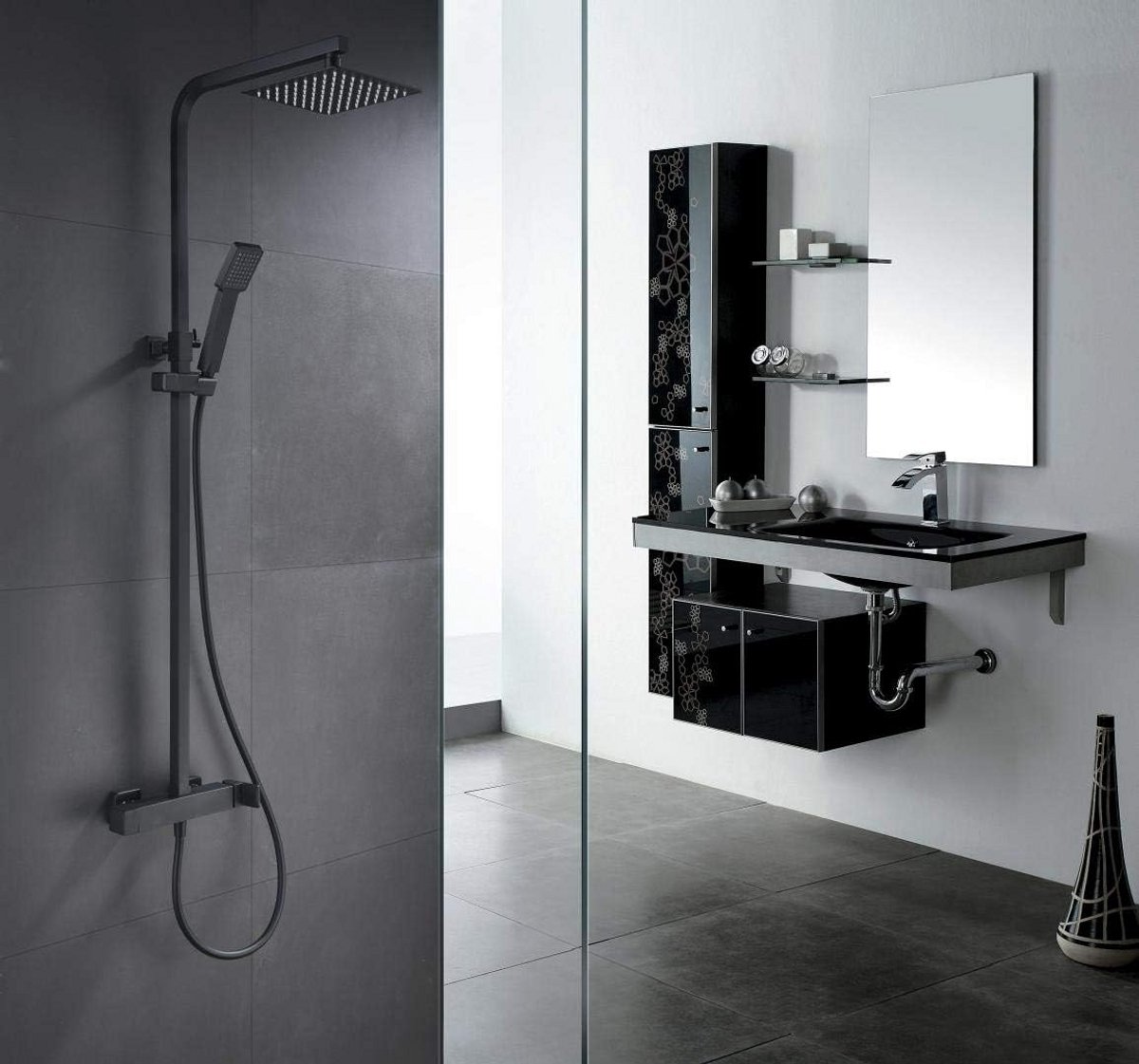Doucheset Rechthoekige Zwarte Handdouche met Stang en Mixer