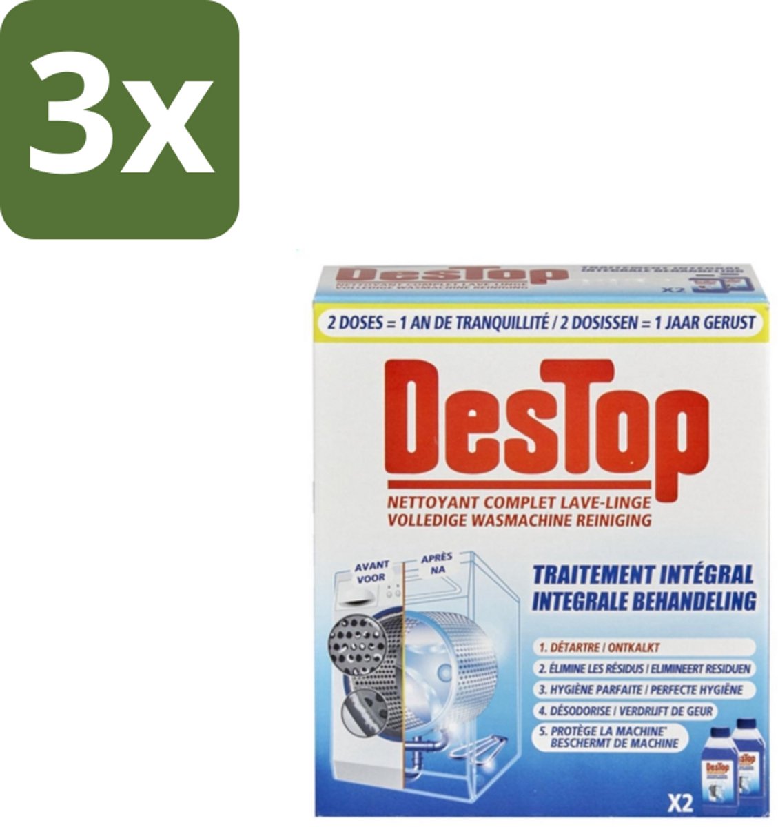 3 x Destop - Wasmachine reiniger - Integrale Behandeling - Duopack - Wasmachine Reiniger - Kalkverwijdering - Wasmachine Reinigen - Wasmachine Hygiëne - Wasmachine Onderhoud