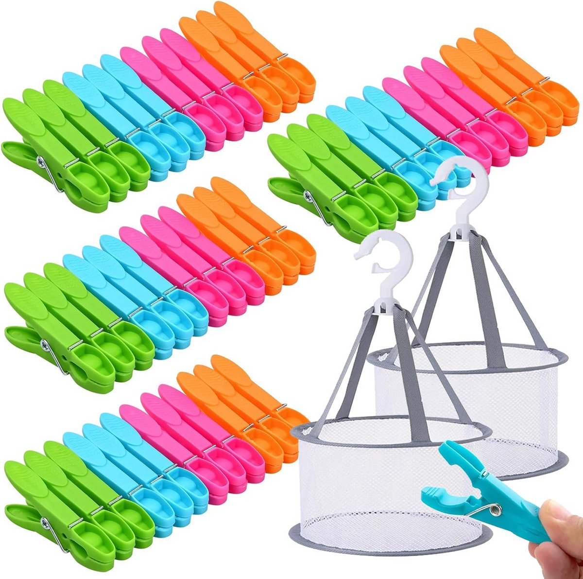 60 Antislip Wasknijpers Set in Verschillende Kleuren met 2 Handige Opbergmandjes