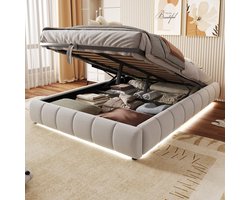 HAUSS SPOLE Gestoffeerd Bed 140x200cm - Hydraulisch Opbergbed met LED en Opbergruimte - 150 kg Draagvermogen - Flanel - Beige - Zonder matras