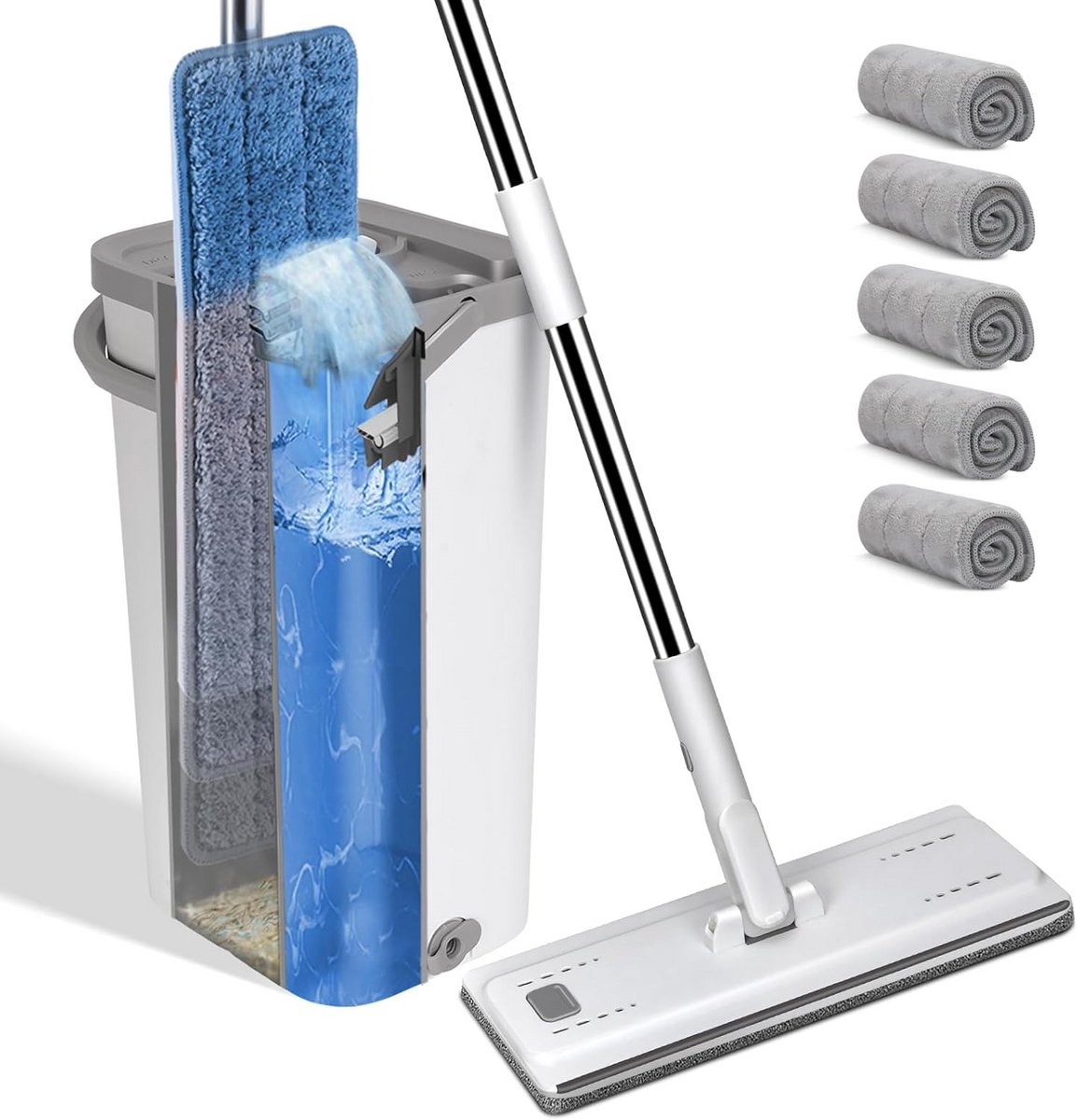 Platte Dweil met Emmer Set Inclusief 5 Herbruikbare Microvezel Pads