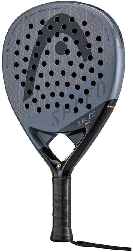 Grijze padelracket met zwarte details, 'HEAD SPEED PRO' tekst en een grafisch patroon.