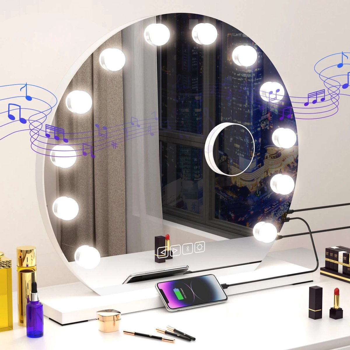 Spiegel met Verlichting - Spiegels - Ronde Spiegel - Bluetooth Speakers - LED Verlichting - 50 x 47 x 14 cm