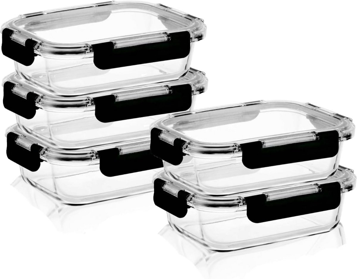 Mealprep Set met 5 Glazen Bewaarbakjes - 1 Liter - 100% Lekdicht