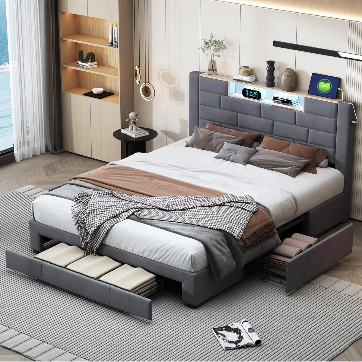 Gestoffeerd Tweepersoonsbed 160x200 met Opbergruimte, USB en LED Verlichting