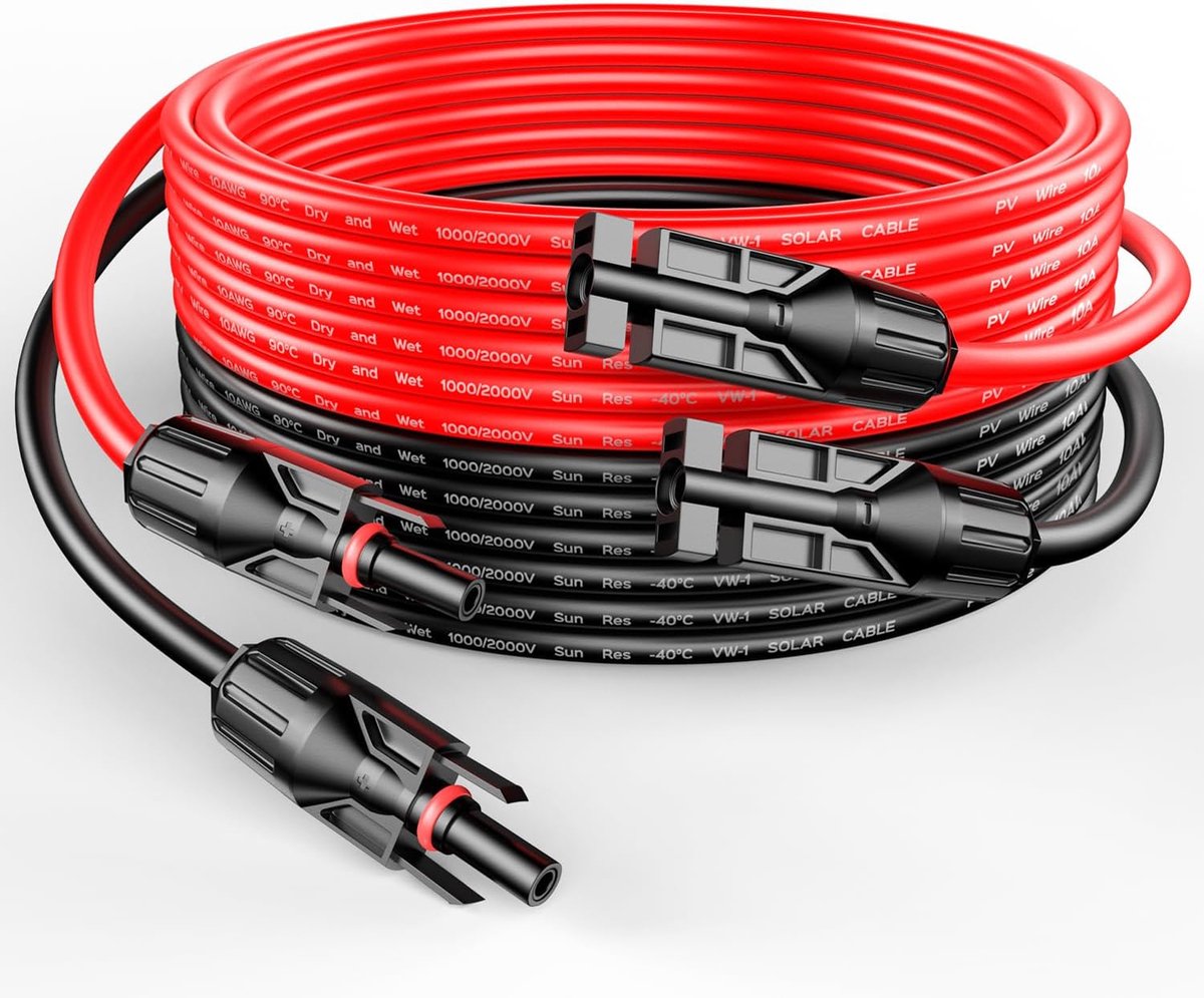 Zonnepaneel kabel - 4 mm² -1 paar 25 meter Rood + 25 meter zwart - MC4 verlengkabel - 12 AWG Solar kabel - Fit MC4 mannelijk naar MC4 vrouwelijk