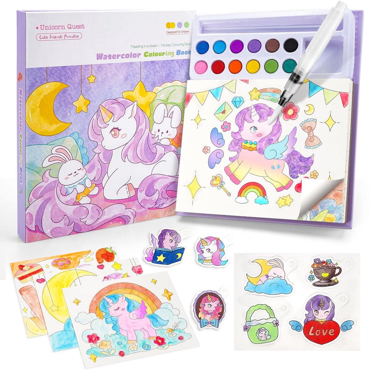 Kraftverdia Waterverf Kleurboek – 12 Kleur 3-in-1 Teken Set – Tekenboek voor Kinderen – Geschikt voor 3 Jaar en Ouder – Vakantiecadeaus – Schoolstart Cadeau