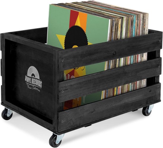 Lp Box Hout Houten Opbergkist voor LP's en Vinyl - Zwarte Platenbox met Zwenkwielen ...