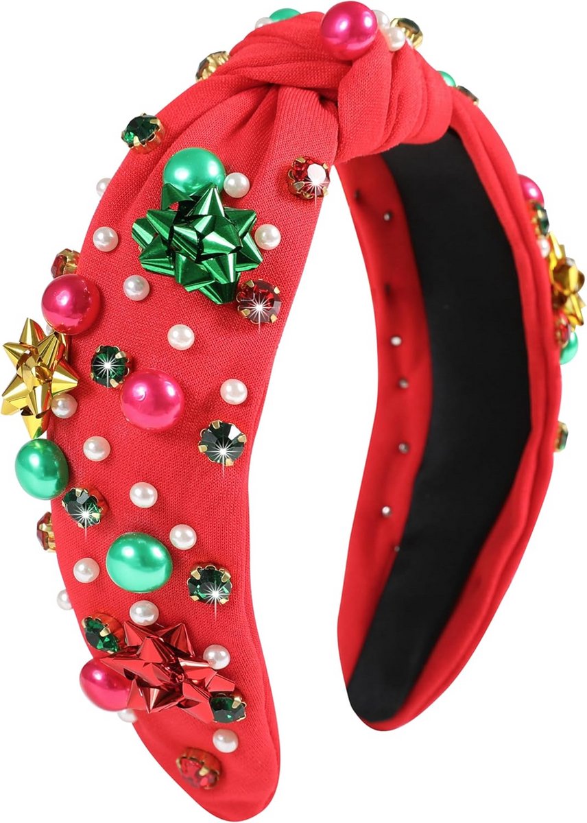 Feestelijke Haarband Dames & Meisjes - Kerst Accessoire met Strik, Strass & Parels - Breed Model