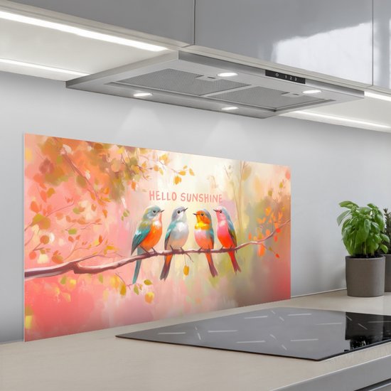 Spatscherm 100x50 cm - Zelfklevende achterwand Vogels - Tak - Quote - Roze - Keuken muurbeschermer - Spatwand fornuis