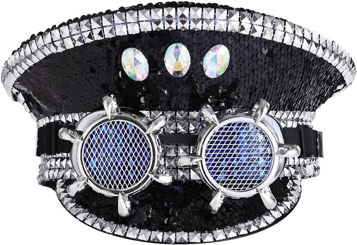 Provento - Militair thema brandende hoed met pailletten en goggles, zwart. Perfect voor steampunk stijl.