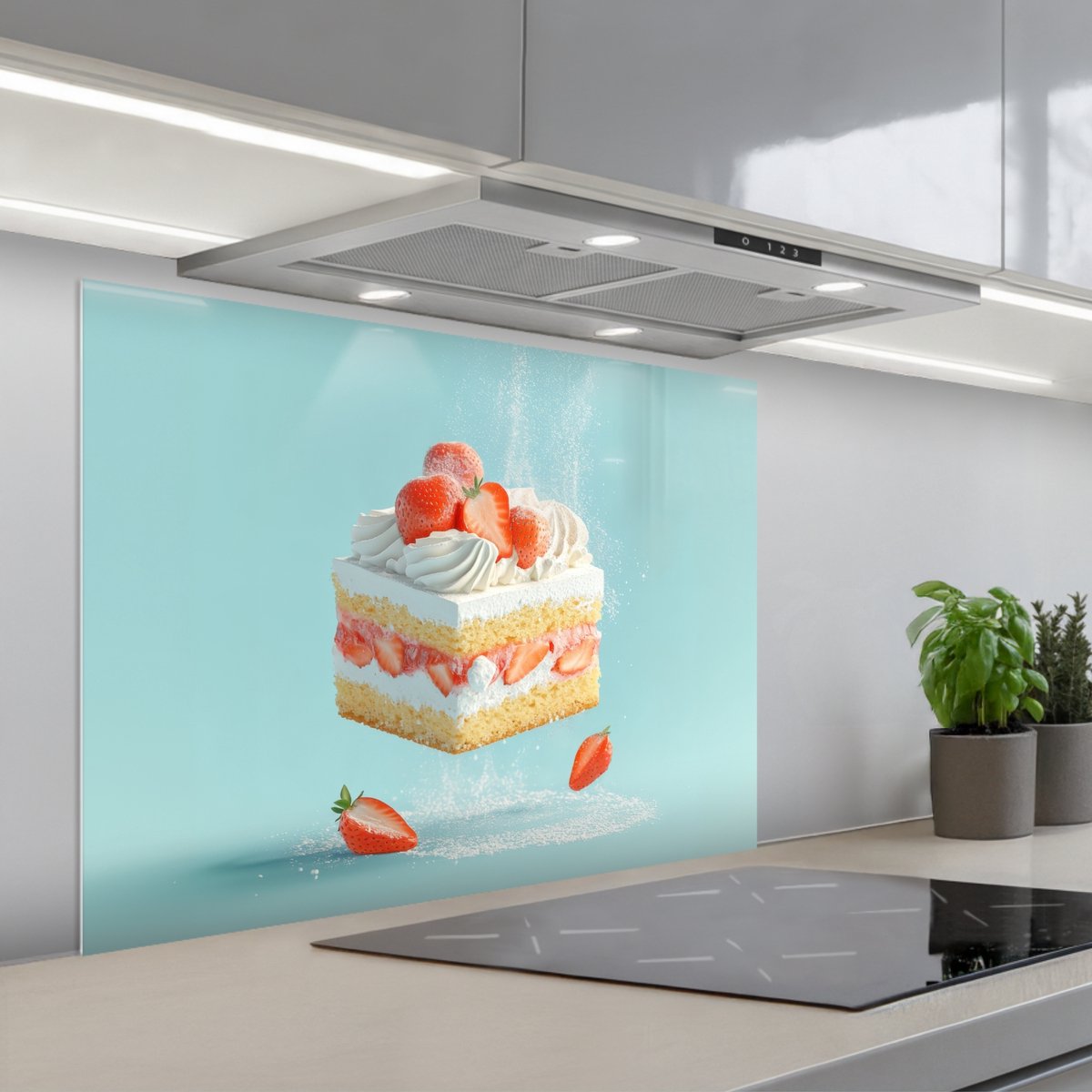 KitchenYeah Spatscherm 80x60 cm Zelfklevende achterwand Slagroom Taart Blauw Eten Keuken muurbeschermer Spatwand fornuis