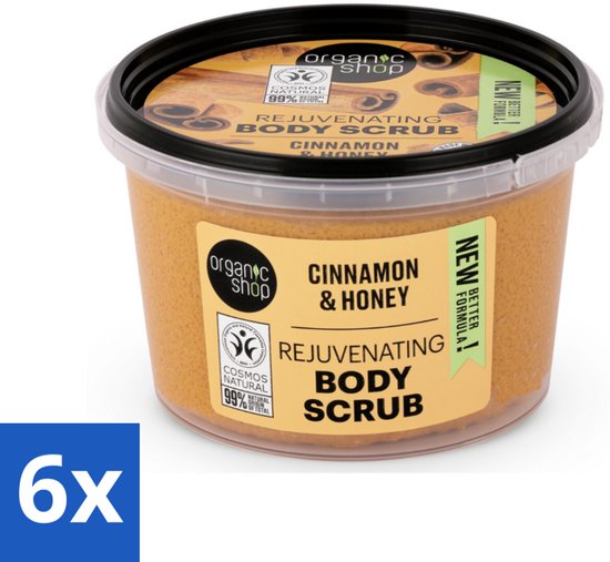 6 x Organic Shop - Rejuvenating Body Scrub Cinnamon - Exfoliërend en Hydraterend - 250 ml - Lichaams Scrub - Exfoliërende Scrub - Hydraterende Scrub - Biologische Kaneel - Honing Scrub