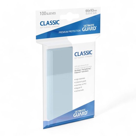 Verpakking met 100 Classic soft sleeves, standaardmaat 66x93 mm. Voor kaarten zoals Magic, Pokémon. Hoge duidelijkheid, verzamelaarskwaliteit, zuurvrij, geen PVC, reguliere pasvorm, archiefveilig.