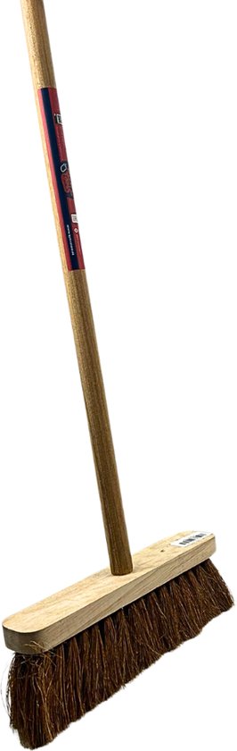 Bezem met houten steel en kokosvezels. De bezemkop is 29 cm breed.