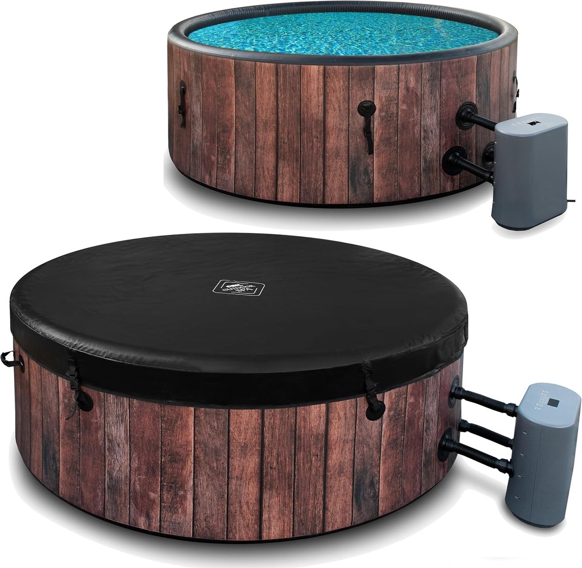 RusticTherma Spa 6-Persoons Opblaasbare Buitenjacuzzi 175×175×68 cm – Winterproof, Houtlook, Hydromassage, Krachtige 2300W Verwarming & 138 Airjets – Alta Furniture