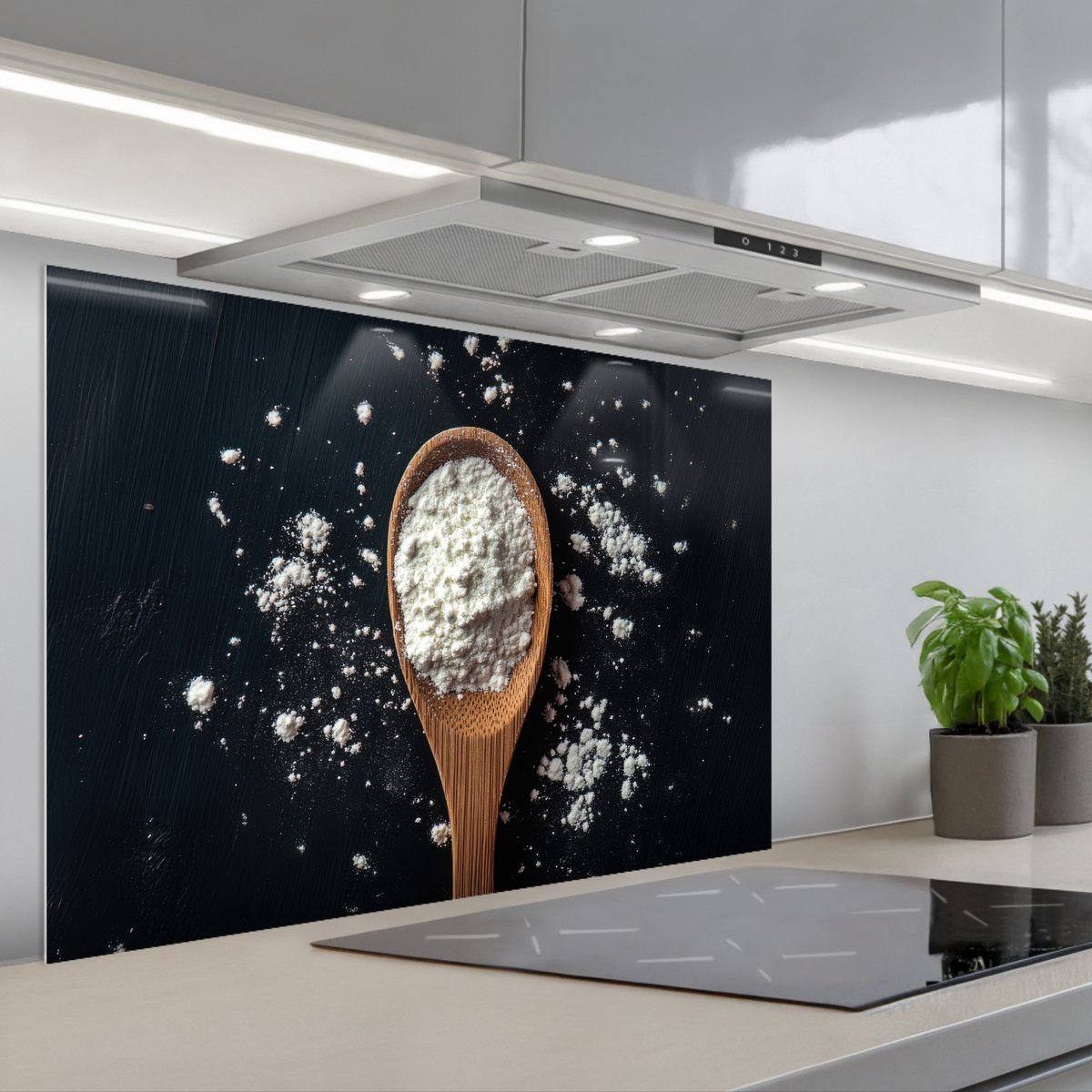KitchenYeah Spatscherm 80x55 cm Zelfklevende achterwand Meel Hout Lepel Keuken muurbeschermer Spatwand fornuis