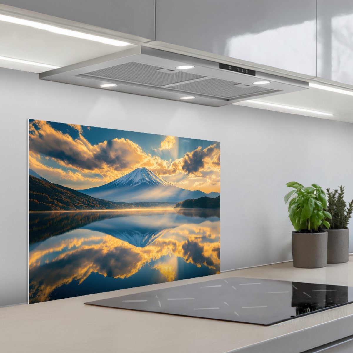 Spatscherm 70x55 cm - Zelfklevende achterwand Berg - Rivier - Zonsondergang - Keuken muurbeschermer - Spatwand fornuis