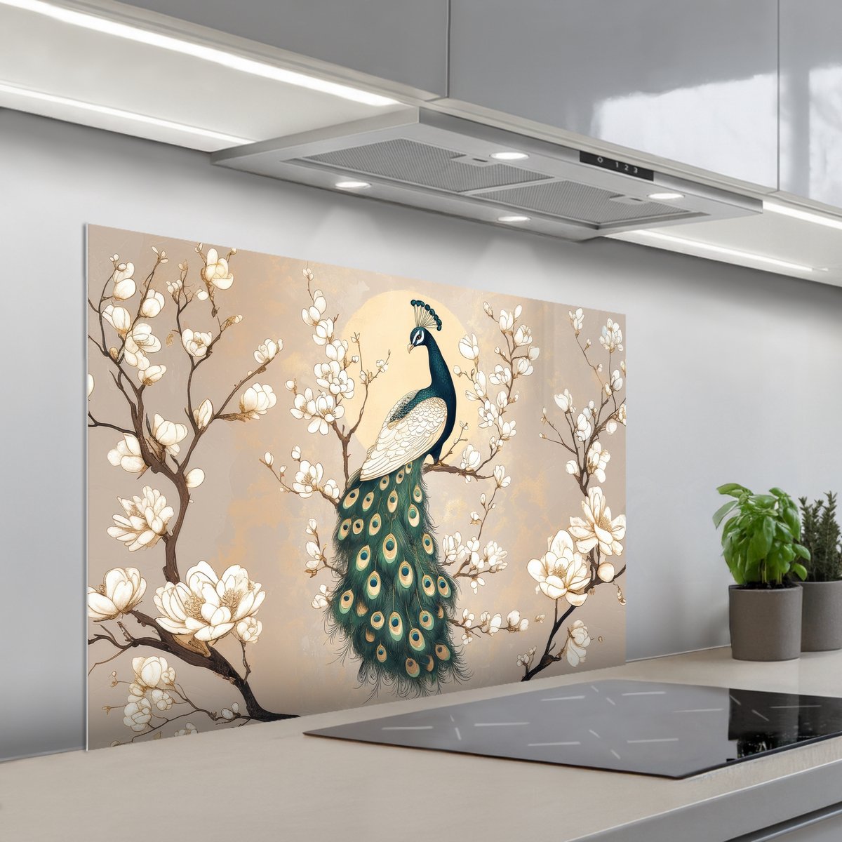 KitchenYeah Spatscherm 100x65 cm Zelfklevende achterwand Pauw Tak Bloemen Keuken muurbeschermer Spatwand fornuis