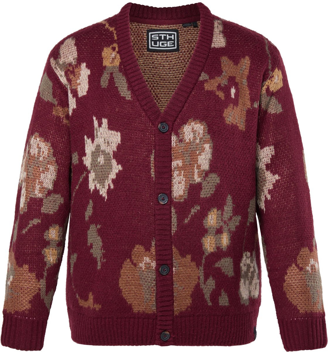 STHUGE - Heren - Cardigan oversized gebreid bloemenpatroon - Bes - Maat XXL