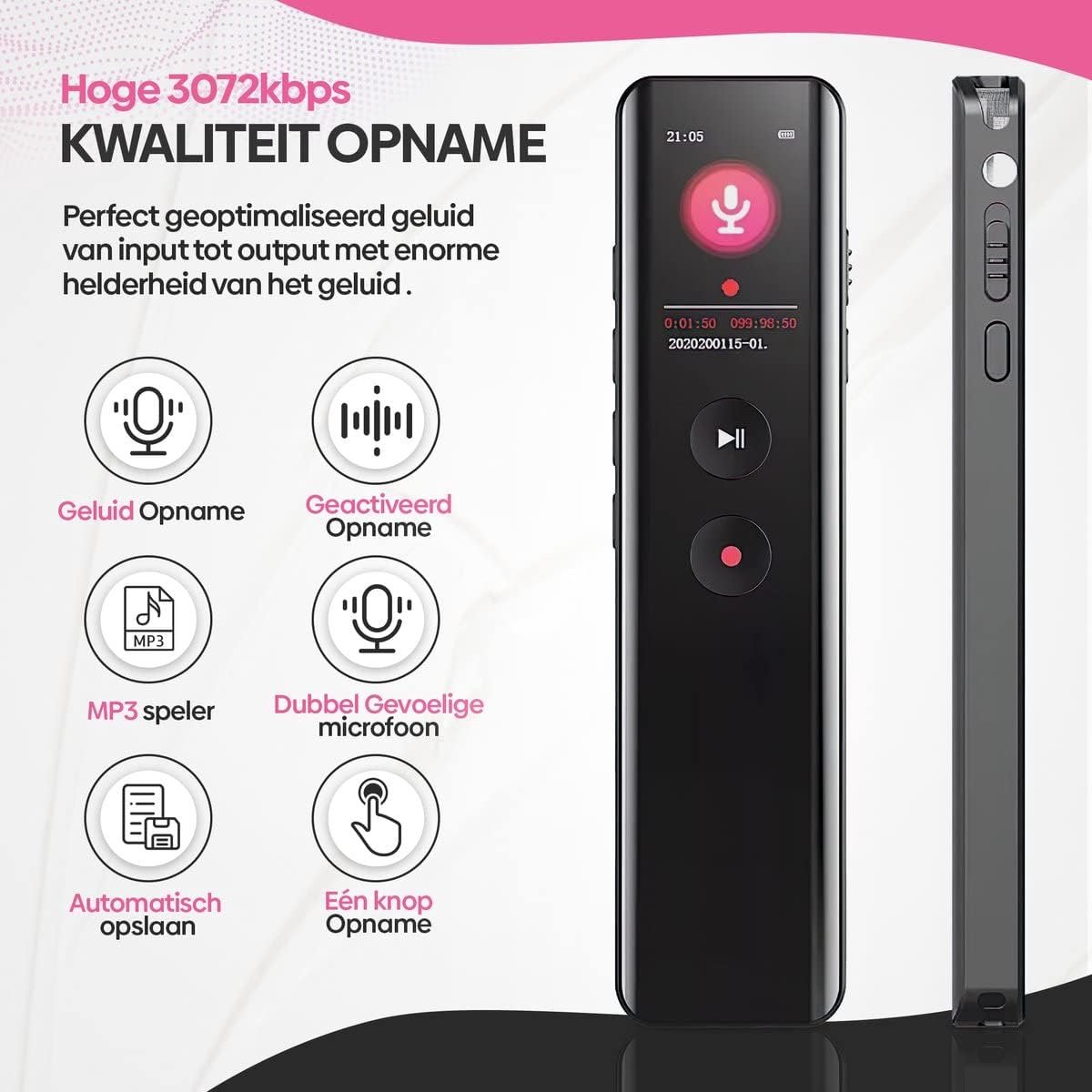 Digitale Voice Recorder Bluetooth Ruisonderdrukking 16GB - afbeelding 2