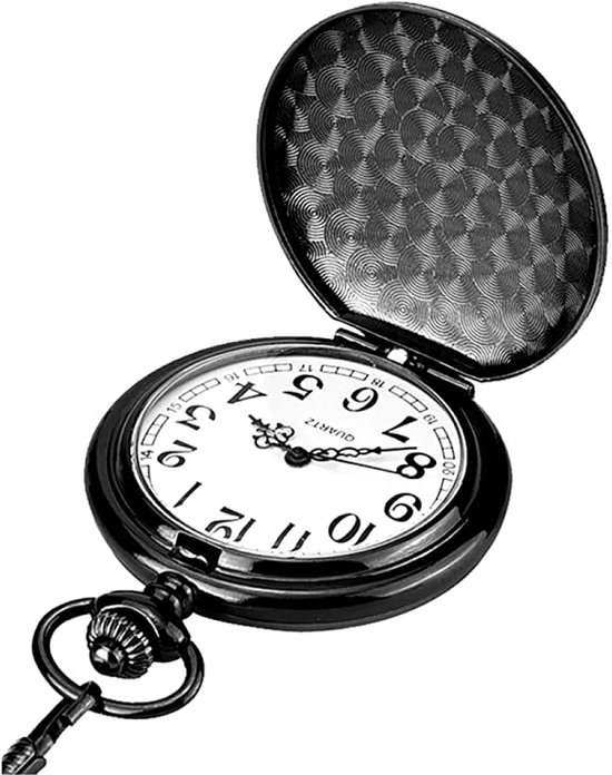 Zwart zakhorloge met witte wijzerplaat, Arabische cijfers en een sierlijke ketting.