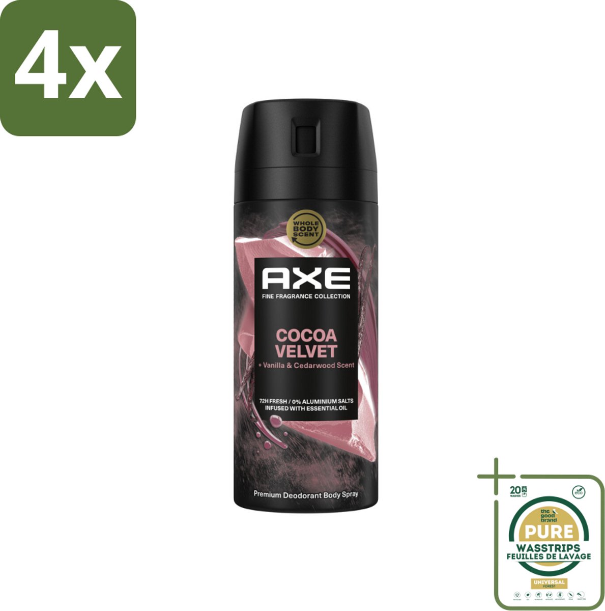Axe – Deodorant – Cocoa Velvet – 150 ml - Voordeelverpakking - 4 stuks - Frisheid - Lichaamsgeur