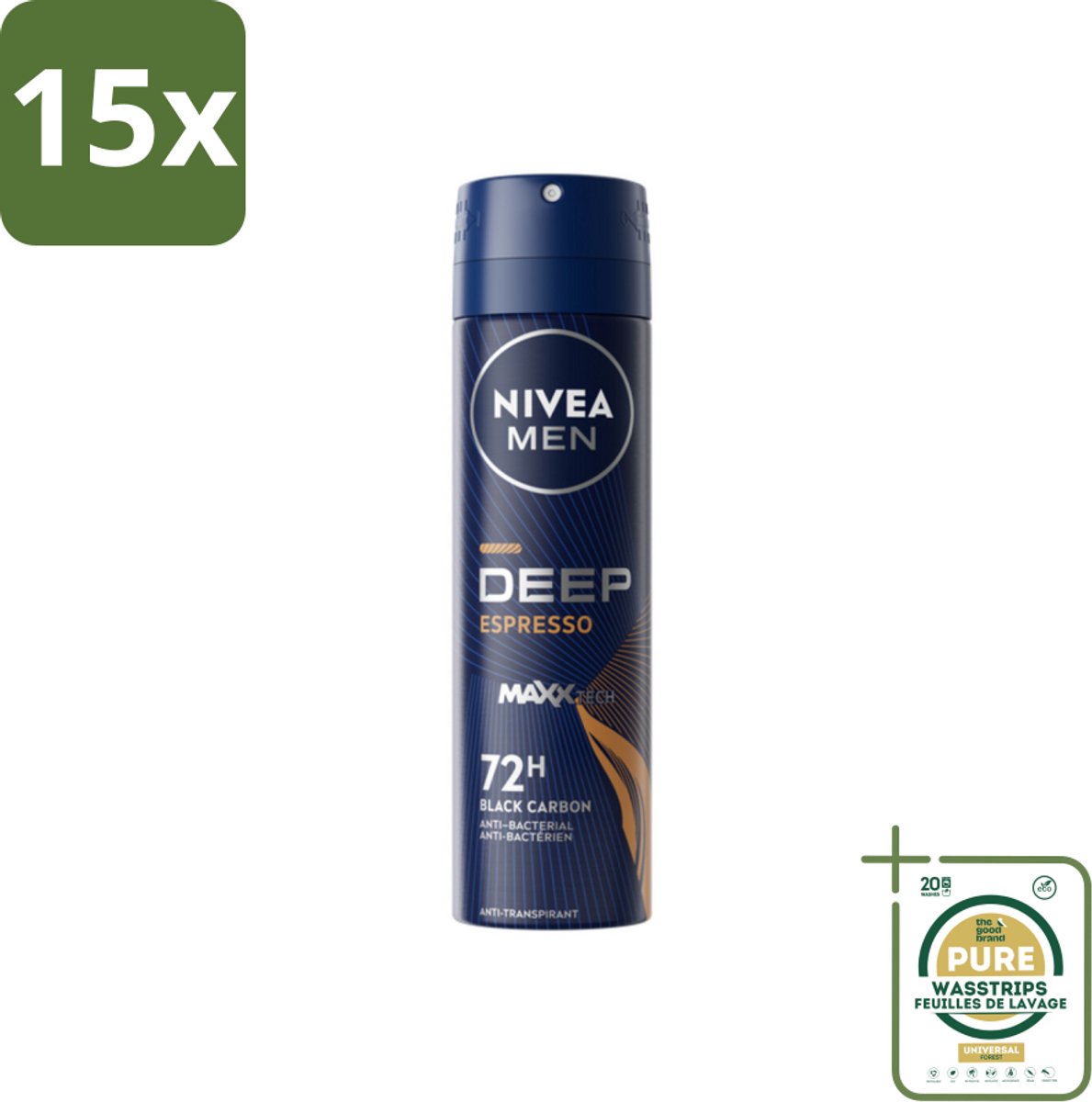 15 x NIVEA MEN - Deodorant Spray - Deep Espresso - 150 ml - Grootverpakking - Anti-transpirant Spray - 72 Uur Bescherming - Espresso Geur - Huidbescherming - Mannelijke Geur