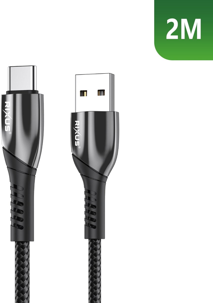 Rixus RXUC38AC Charging Cable USB-A To USB-C Braided Nylon 2m Black