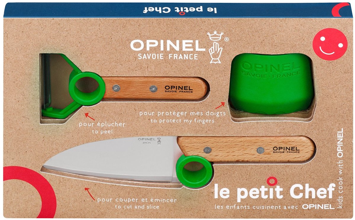 Opinel Le Petit Chef Kinderkeukensetje Groen - 3-delig - Koksmes Vingerbeschermer en Dunschiller