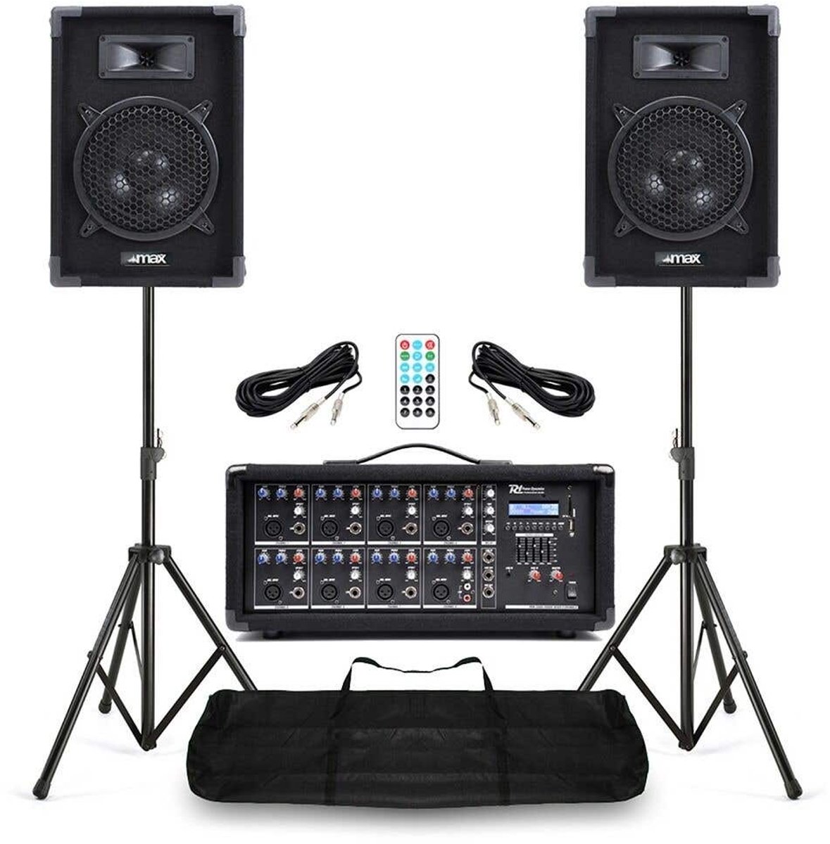 Kleine geluidsset voor bands PA Systeem met 8 inch speakers - 8 kanaals PA Mixer & statieven