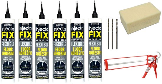 Zes tubes "Floor Fix Precision" injectielijm, twee boortjes, een schuimblok en een lijmkoker.