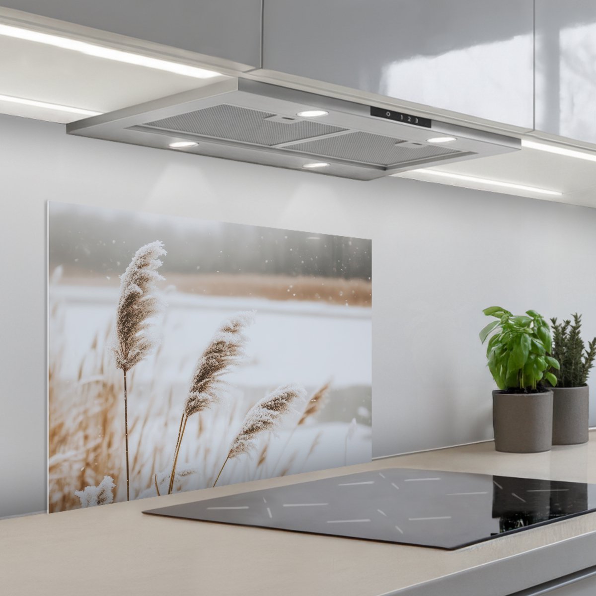 Spatscherm 70x50 cm - Zelfklevende achterwand Riet - Meer - Winter - Natuur - Sneeuw - Beige - Keuken muurbeschermer - Spatwand fornuis