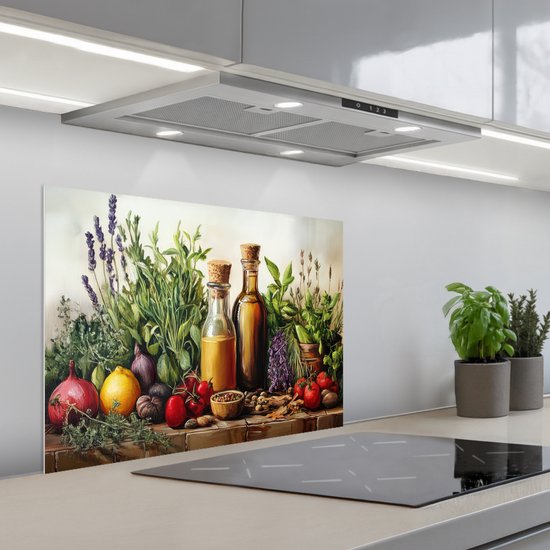 Glazen achterwand met schilderij van kruiden, specerijen, citroen, pruimen, tomaten en olieflesjes.