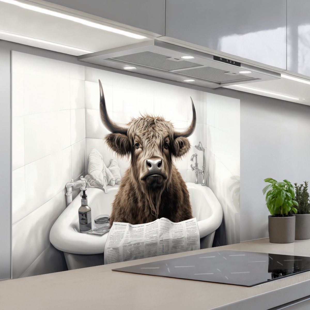 KitchenYeah Spatscherm 120x80 cm Zelfklevende achterwand Schotse hooglander Badkuip Badkamer Krant Keuken muurbeschermer Spatwand fornuis