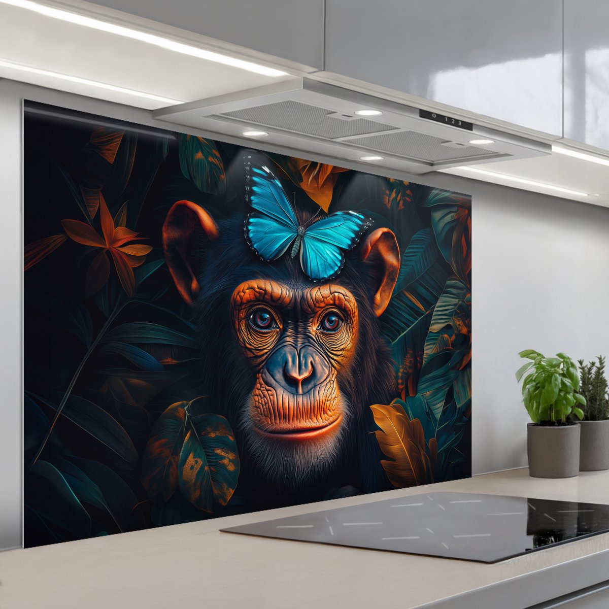 KitchenYeah Spatscherm 120x80 cm Zelfklevende achterwand Chimpansee Aap Natuur Blauwe vlinder Keuken muurbeschermer Spatwand fornuis