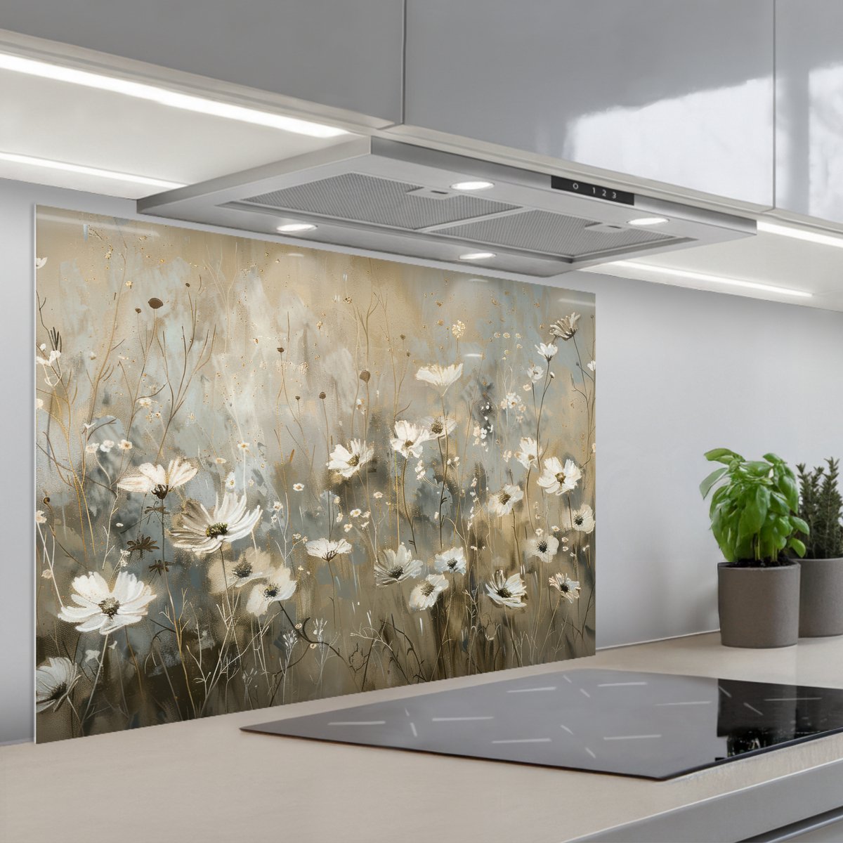 KitchenYeah Spatscherm 90x60 cm Zelfklevende achterwand Bloemen Wit Natuur Grijs Modern Keuken muurbeschermer Spatwand fornuis