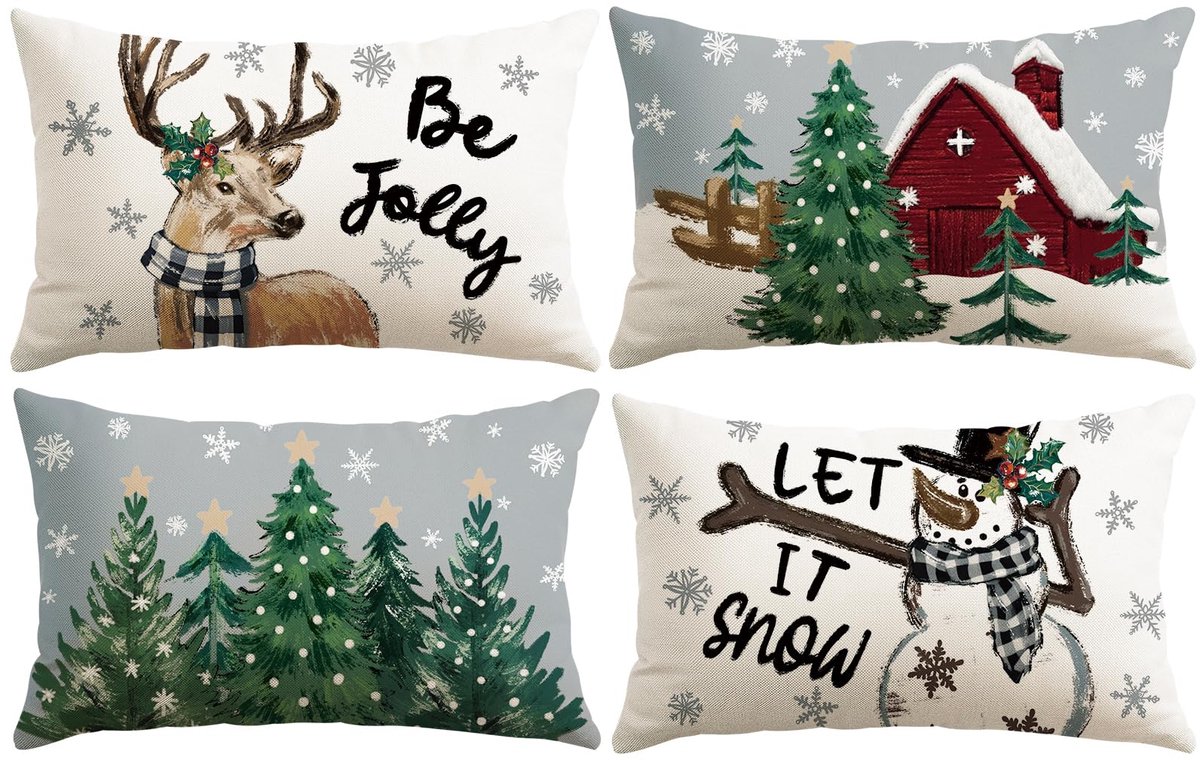 Unyqoos Set van vier kussenslopen met sneeuwpop en eland design voor kerstdecoratie Sneeuwpop En Eland - Wit