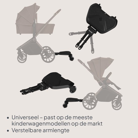 LIONELO Buggy Board Universeel 2-in-1 Staand & Zitend Platform met Verstelbaar Zitje | LED-Wielen met Vering | Antislip Oppervlak | Eenvoudige Montage & Ophangriem | Draagvermogen 25 kg | Zwart
