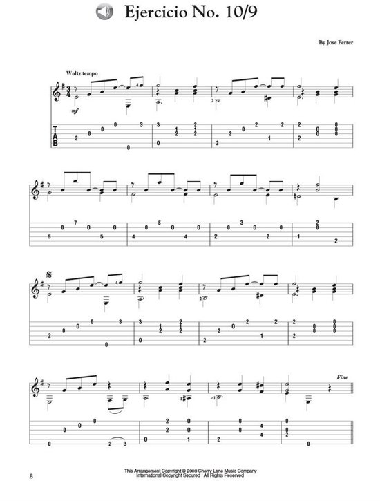 Muziekblad voor Ejercicio No. 10/9, een gitaarnummer. Bevat muzieknotatie en tabulatuur.