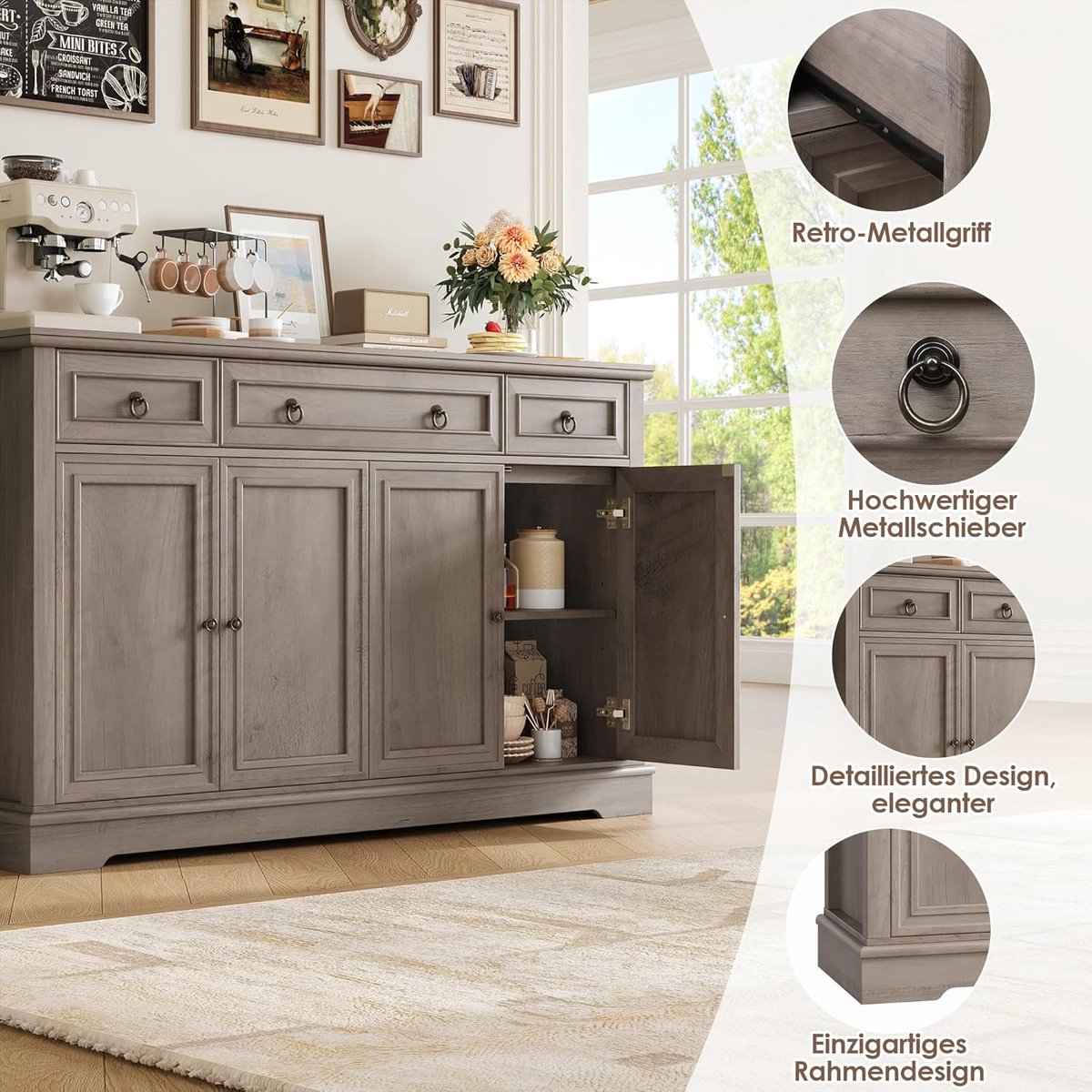 Dressoir Kast – Multifunctioneel Keuken - 134x87x40 cm - Bruin - – Multifunctioneel Keuken- Woonkamerbuffet 3 - Medahomestore