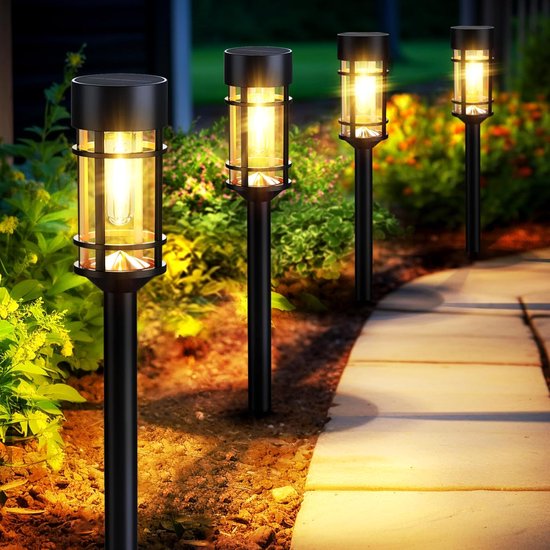 Solar Tuinverlichting - LED Buitenlampen Waterdicht - Glazen Kap met Metaal - Voor Pad, Gazon en Oprit - 3000K Warm Wit - 8 Lampen