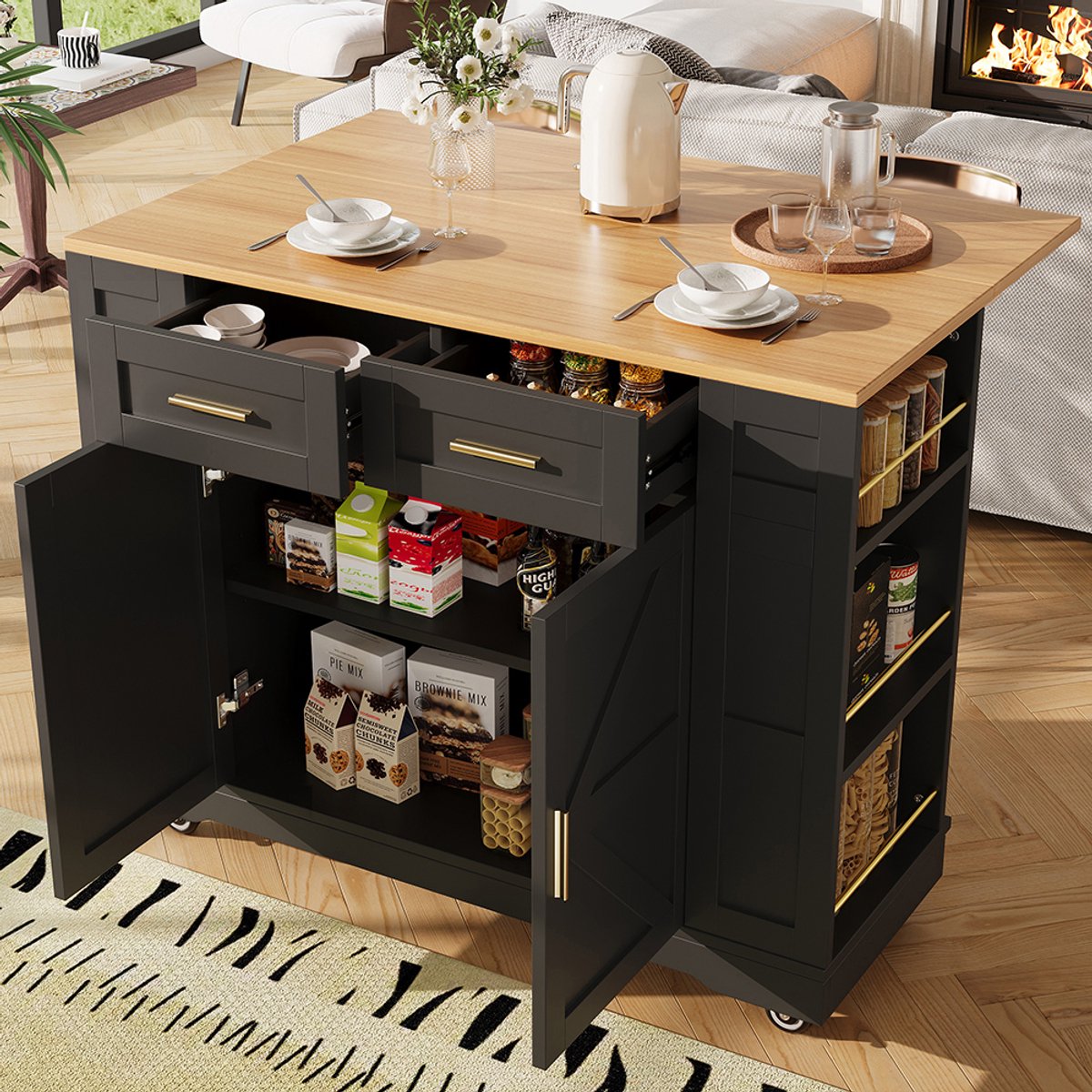 BLACKCOLORS Modern Keukeneiland - Keukenkast en Buffetkast - Serveertafel met Houtnerf - Multifunctionele Eettafel met Opbergruimte - Uitschuifbare Kasten - Zwart