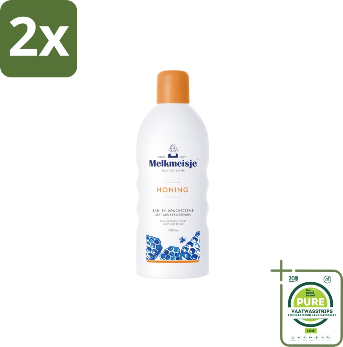 Melkmeisje – Bad & Douche – Honing – 1000 ml - Voordeelverpakking - 2 stuks - Bad en douche crème - Honing crème