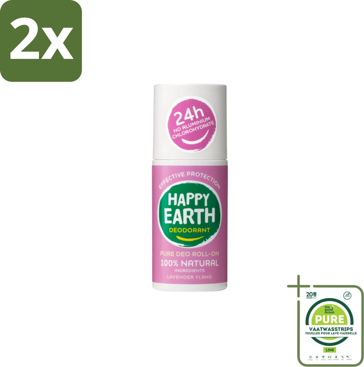 Happy Earth – Deodorant Roll-On – 100% Natuurlijk Lavender Ylang – 75 ml - Voordeelverpakking - 2 stuks - Natuurlijke deodorant - Frisse geur