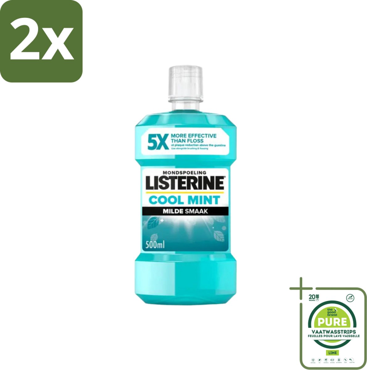 Listerine – Mondwater – Cool Mint – Milde smaak zonder alcohol – 500 ml - Voordeelverpakking - 2 stuks - Mondwater - Mondhygiëne