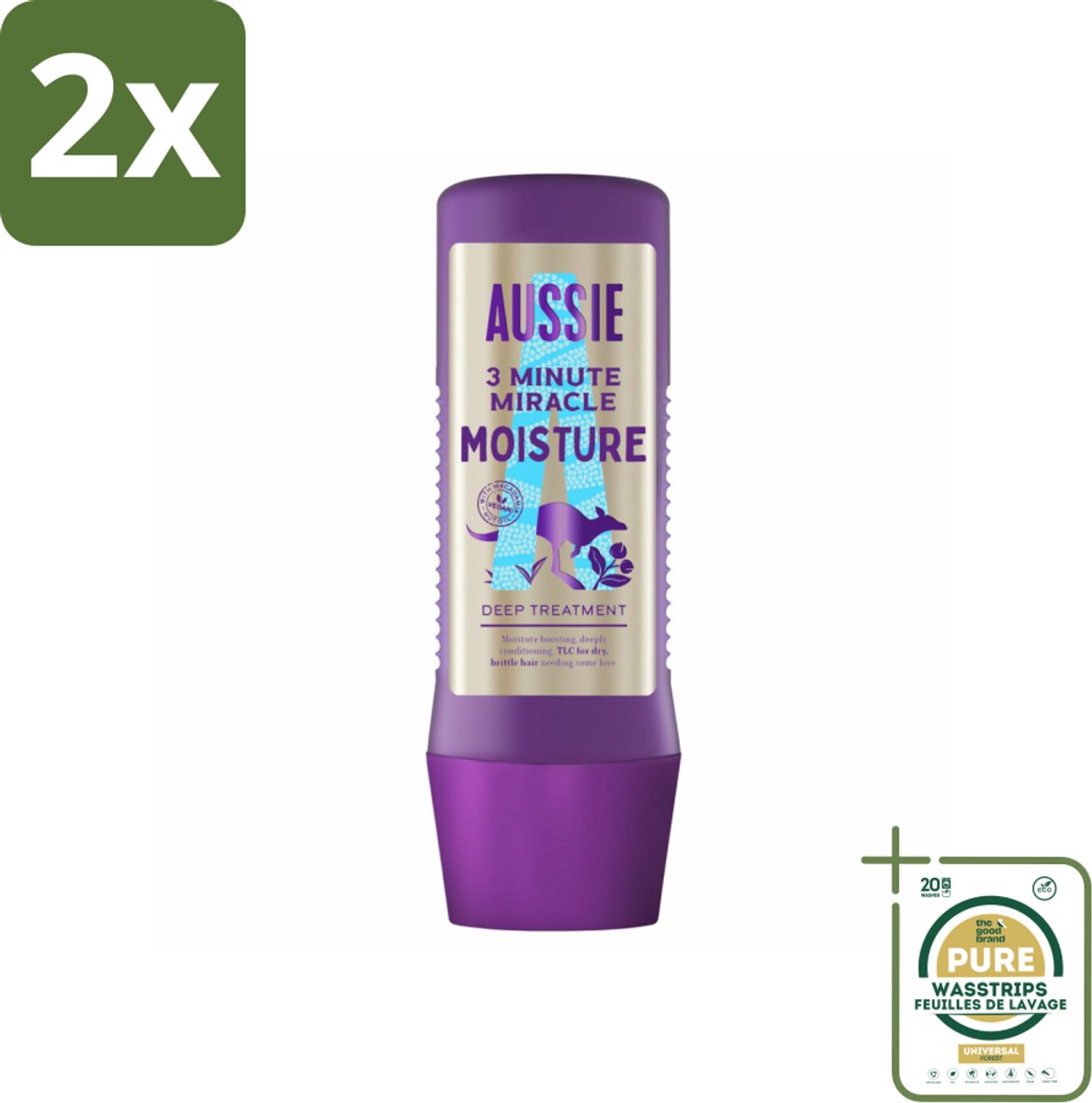 Aussie - Haarmasker - 3 Minute Miracle Moisture - Intensief - Vegan Verzorging - 225 ml - Voordeelverpakking - 2 stuks - Hydratatie haar - Droog haar