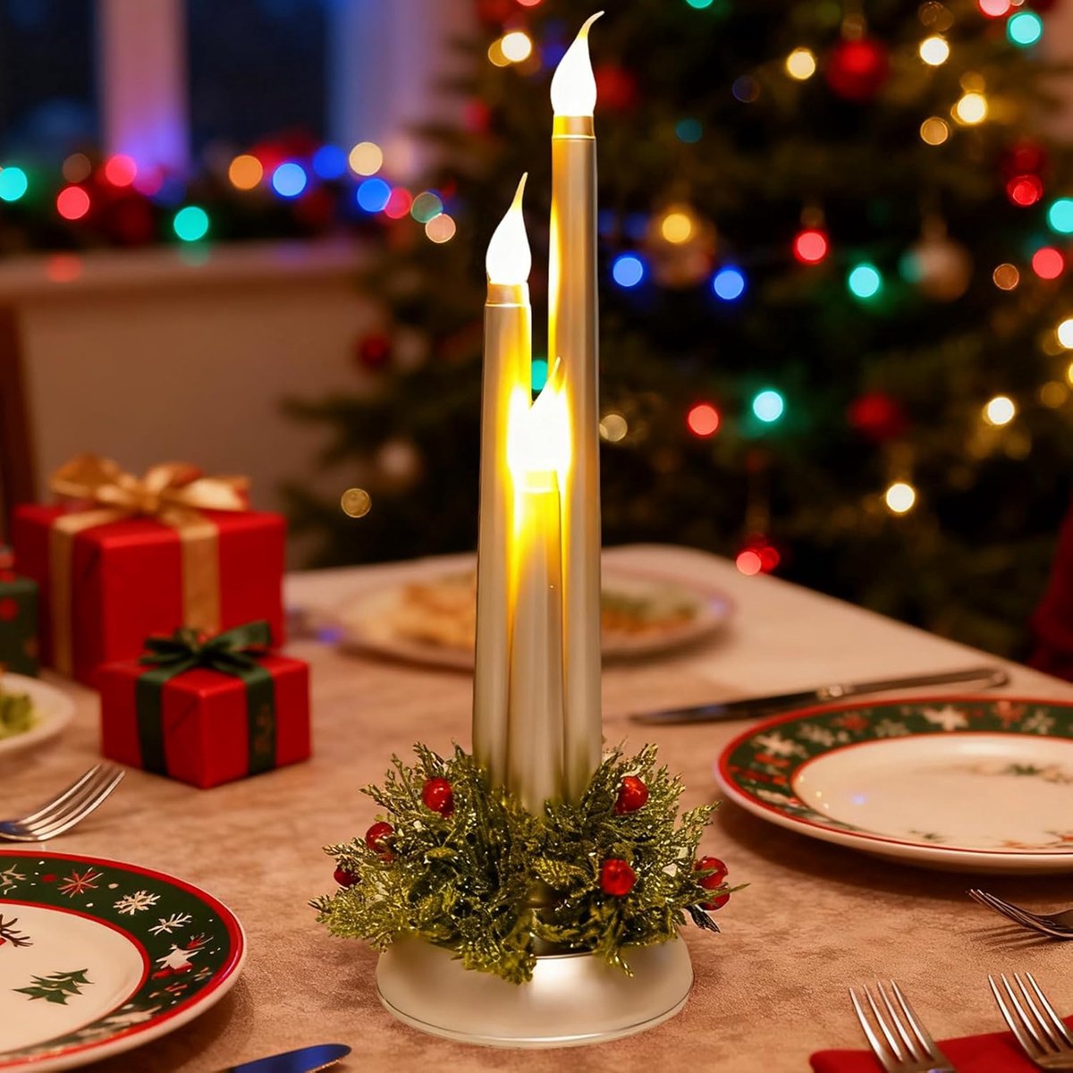 Daity 1 stuk - Vlamloze kegelkaars met voet - 12-inch plastic batterijgevoede vlamloze kaars met 3D-lont - LED-kaarsenhouder - geschikt voor bruiloften en kerstdecoraties