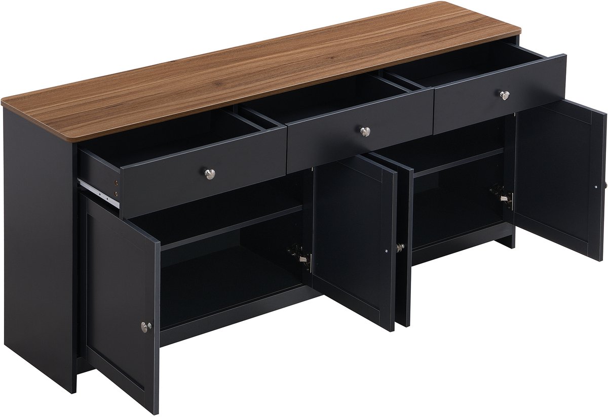 REDOM Landhuis dressoir – 160 cm – Buffetkast met 3 lades en 4 deuren – Houtkleurige bovenplaat, grijs-zwarte zijpanelen – Verstelbare planken – Voor woonkamer of eetkamer – MDF Black+ Gray