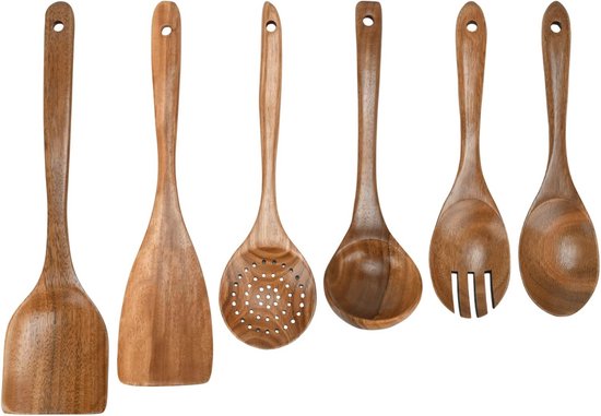 Zulay Kitchen Premium houten keukengerei om te koken - 6 stuks anti-aanbakset zachte comfortabele grip houten kookgerei - gladde afwerking teak houten lepels sets om te koken